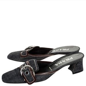 💯 Authentic Prada Vintage Denim Mule Heels Slip on Sandals with Buckle Y2K
